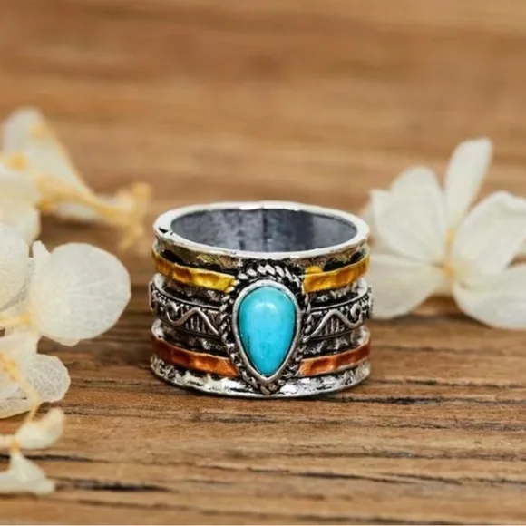 Anthropologie Turquoise and Mixed Metal Boho Ring (titanium) 8.5 - Picture 6 of 7